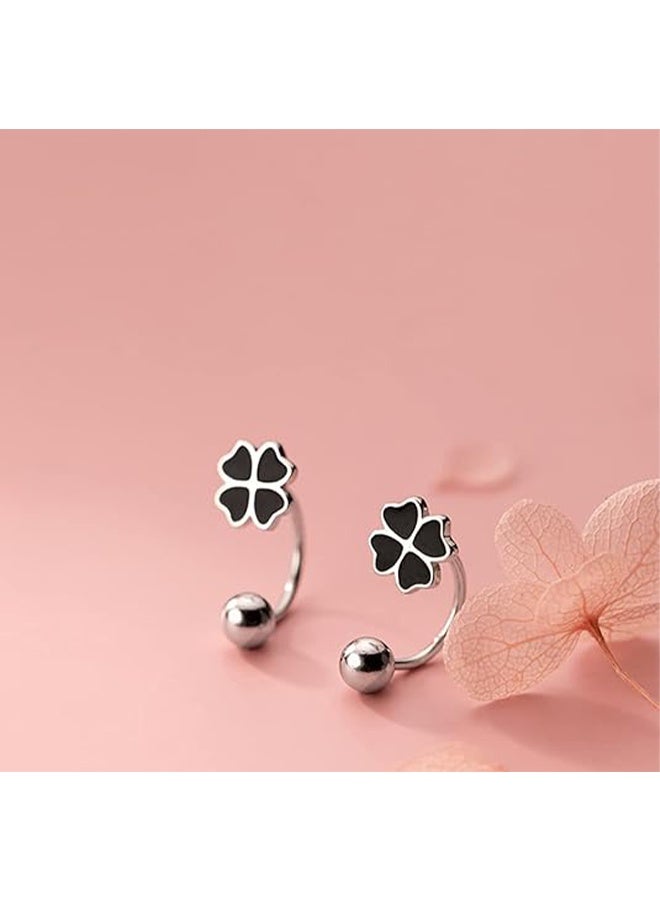 20G Four Leaf Clover Half Hoop Earrings 925 Sterling Silver Cartilage Screw Back Ball Tiny Studs Black Enamel Love Heart Flower Dangle Drop Helix Earring Cute Lucky Jewelry for Women Gifts - Image 5